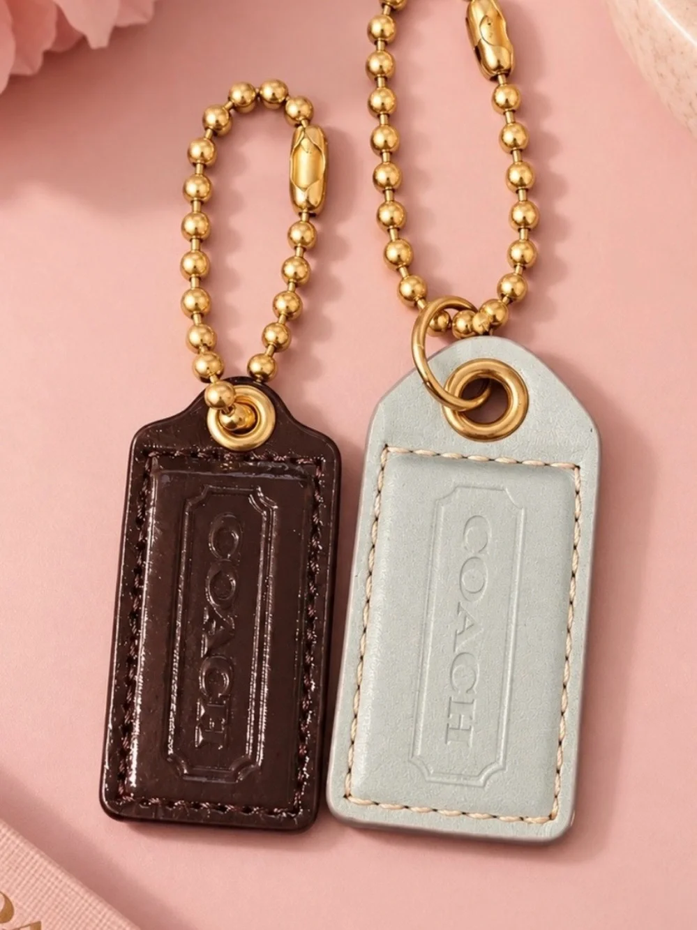 COACH Leather Tag Keychain - Brown and Light Blue/white